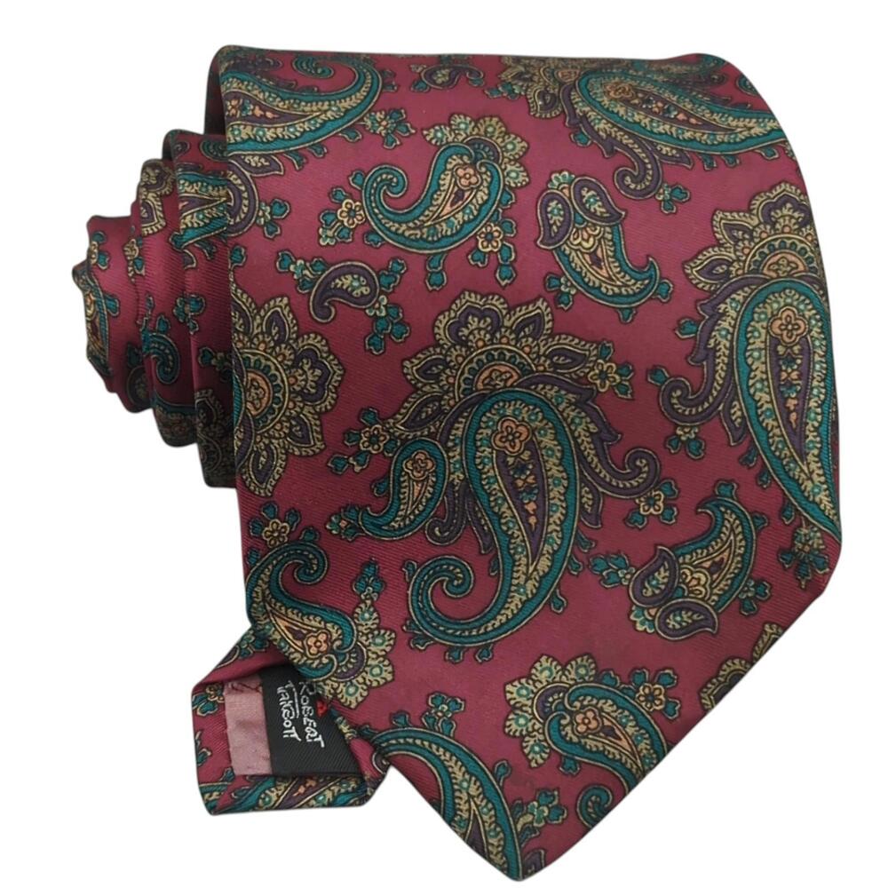 Vintage Robert Talbott Men's Tie Green Paisley Red Background Twill Silk Necktie